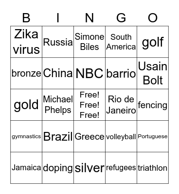 Rio Olympics 2016 Bingo Card