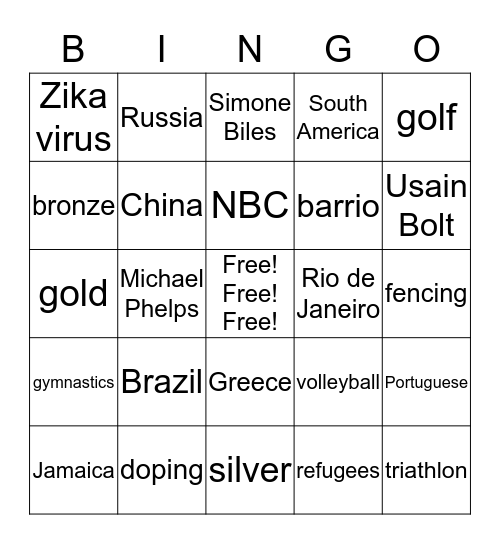 Rio Olympics 2016 Bingo Card