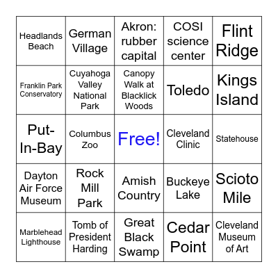 Ohio Tourism Bingo Card