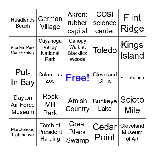 Ohio Tourism Bingo Card