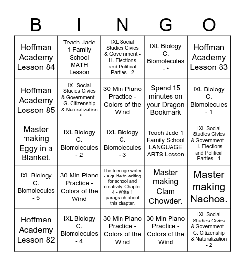 Ruby 11/4 to 11/9 Bingo Card