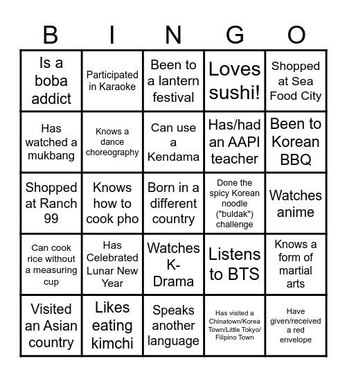 AAPI Bingo! Bingo Card