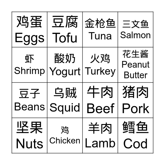 Proteins 蛋白质 Bingo Card