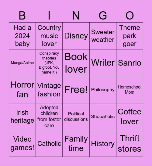 Penpal Bingo Card