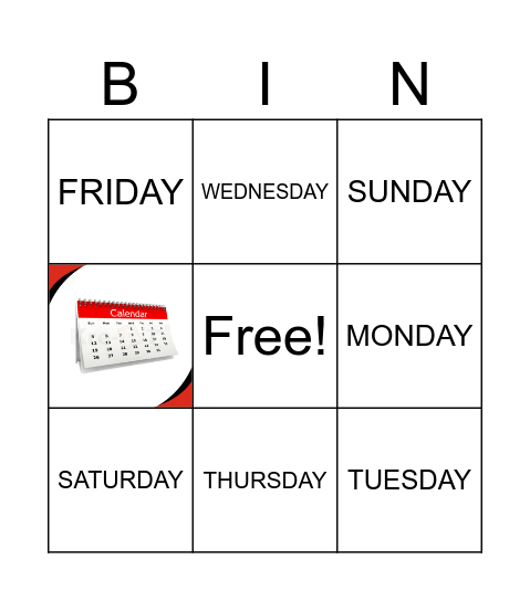 DAYS OF THE WEEK Bingo Card