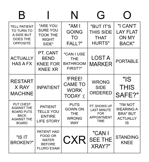 XRAY Bingo Card