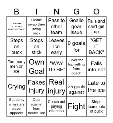 Adirondack Failstars Bingo Card