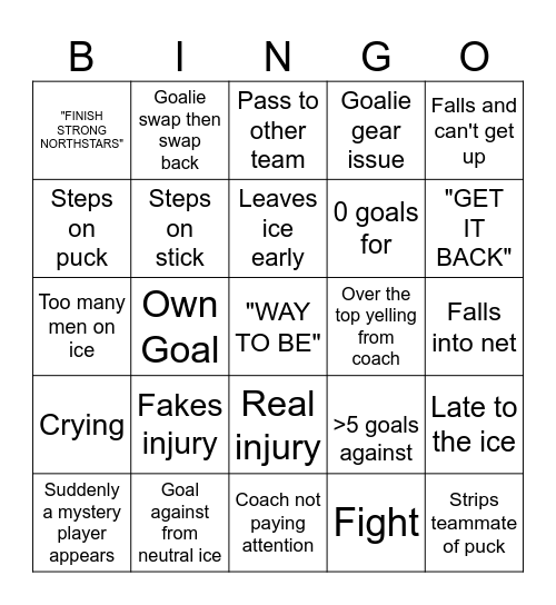 Adirondack Failstars Bingo Card