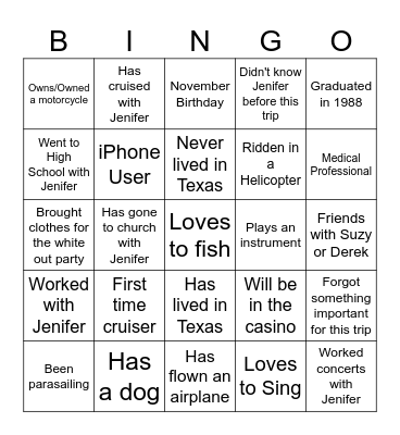 European Vacation Bingo Card