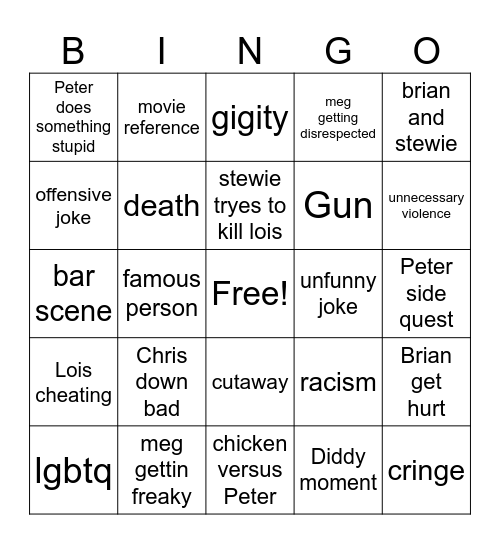 Famly guy Bingo Card