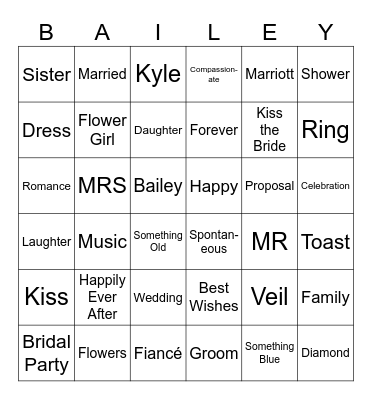 Bailey's Bridal Shower Bingo Card