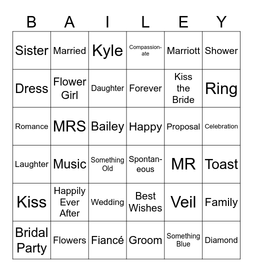 Bailey's Bridal Shower Bingo Card