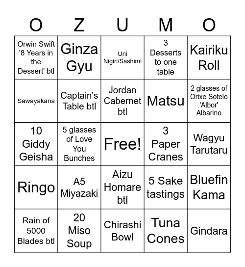 Ozumo BINGO Card