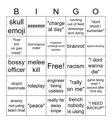 trench war bingo Card