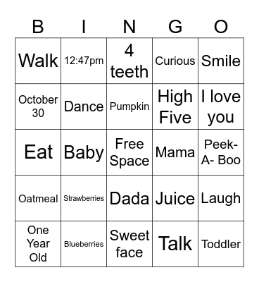 Jaden's First Birthday Bingo Card
