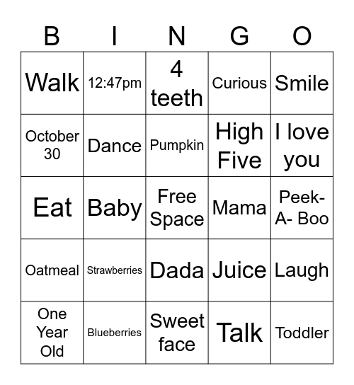 Jaden's First Birthday Bingo Card