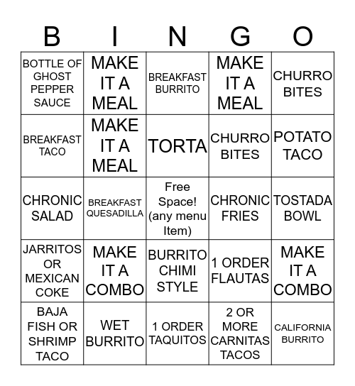 CHRONIC TACOS BINGO Card