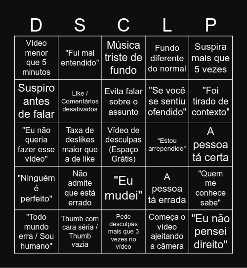 Bingo de Vídeo de Desculpas Bingo Card