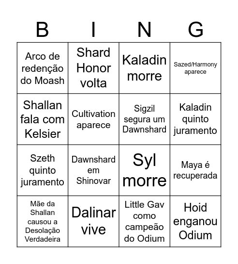 Stormlight 5 Bingo Card