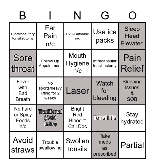 Learn about Tonsillectomy and Tonsillitis Bingo Card