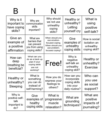 Coping Skills Bingo Card