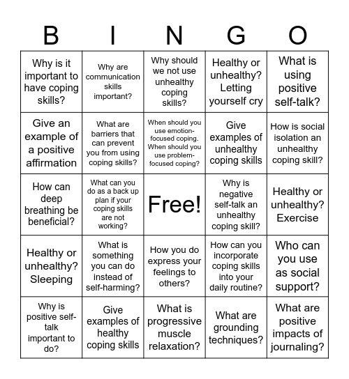 Coping Skills Bingo Card