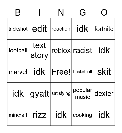 youtube shorts Bingo Card