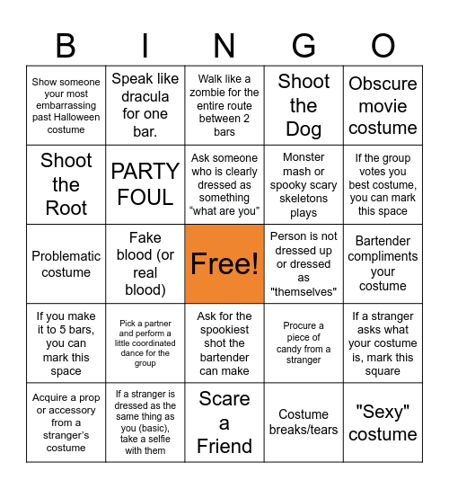 Halloween Bar Crawl Bingo Card