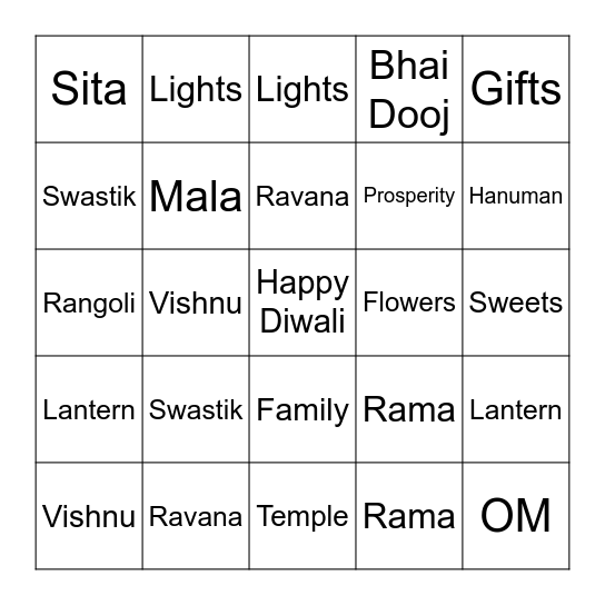 Happy Diwali BINGO Card