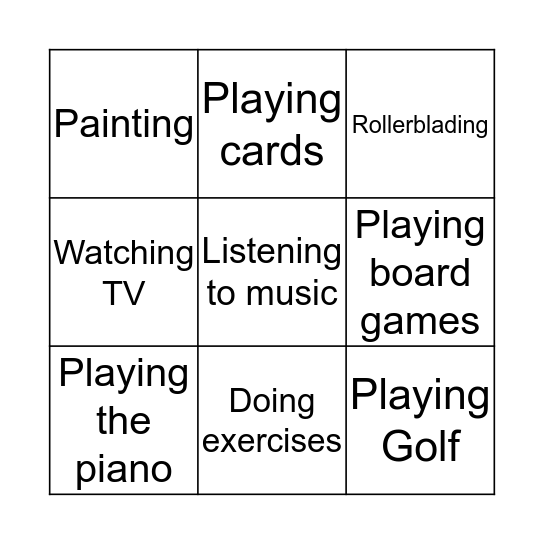 Free Time Activities Bingo Card