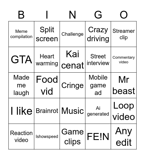 YT Short Bingo Card