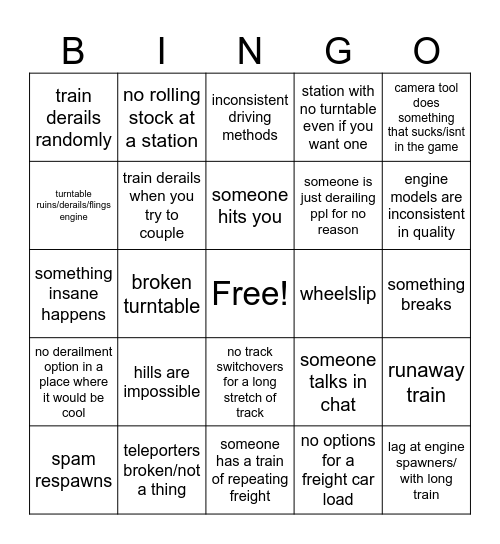 roblox train games Bingo Card