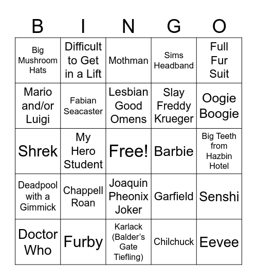 Cosplay Bingo Card