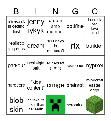 Minecraft Youtube Bingo Card