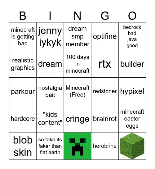 Minecraft Youtube Bingo Card