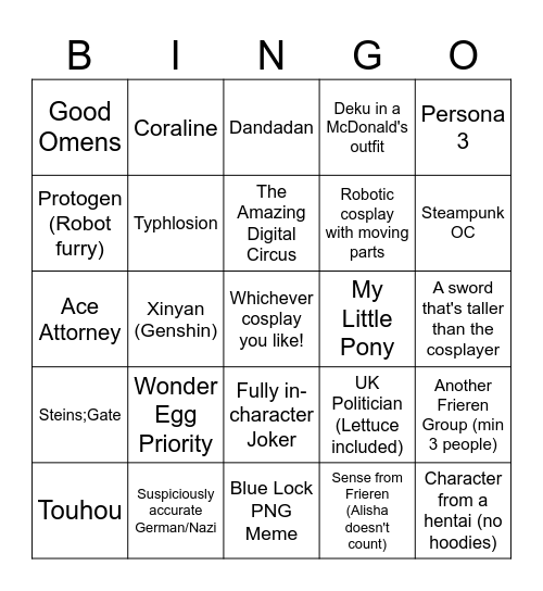 AniSoc MCM Cosplay Bingo Card