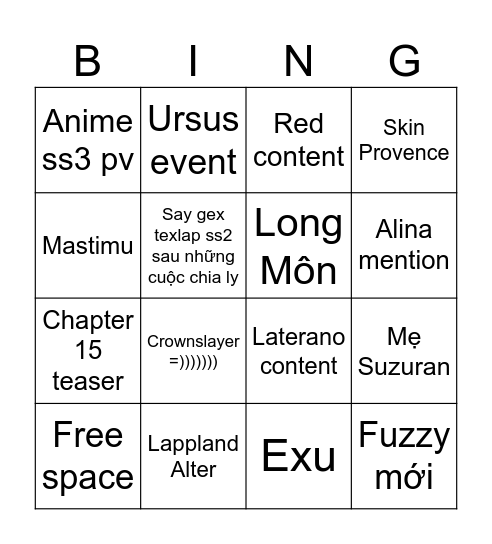 ARKNIGHTS 5.5 STREAM Bingo Card