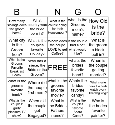 Bridal Bingo Card