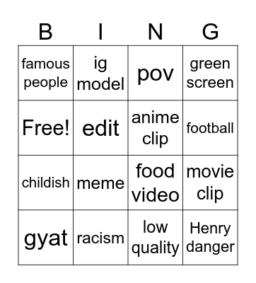 instagram Bingo Card