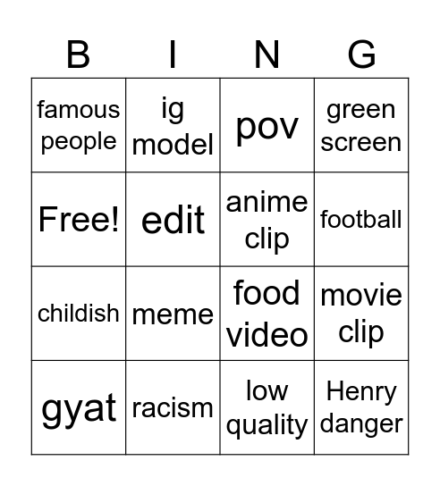 instagram Bingo Card