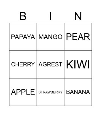 FRUIT Bingo Card