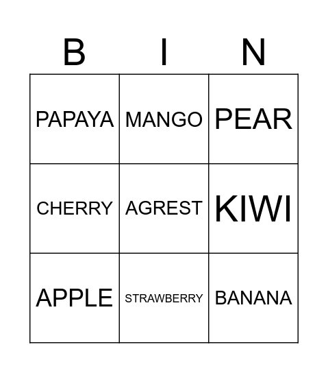 FRUIT Bingo Card