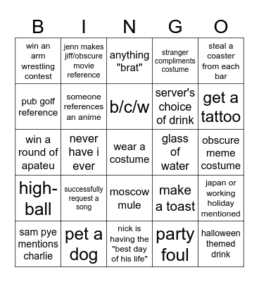 BAR BINGO 2 Bingo Card