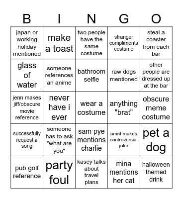 BAR BINGO 1 Bingo Card
