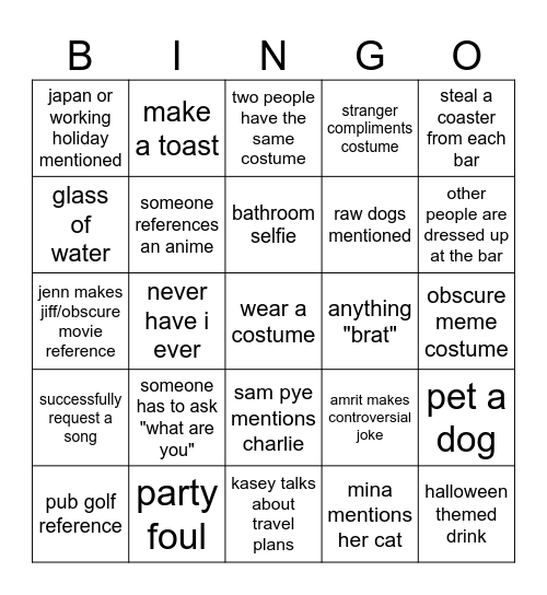 BAR BINGO 1 Bingo Card