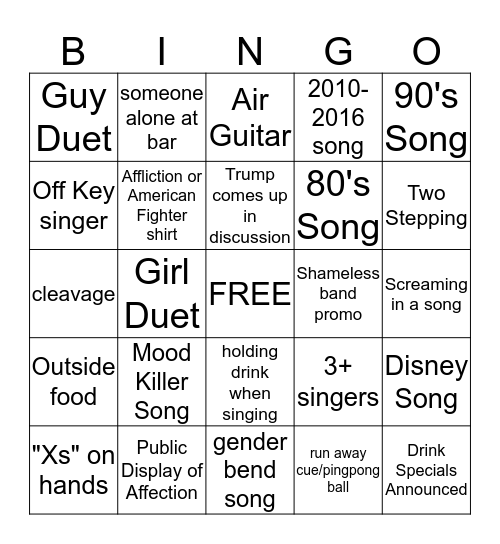 Clicks Karaoke Bingo Card