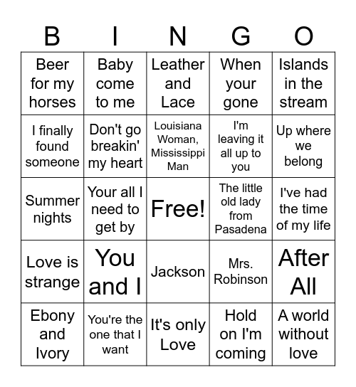 Duets Bingo Card