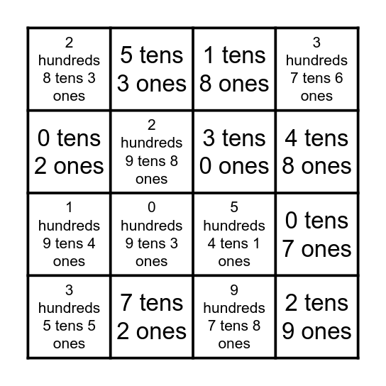 Place Value Bingo Card