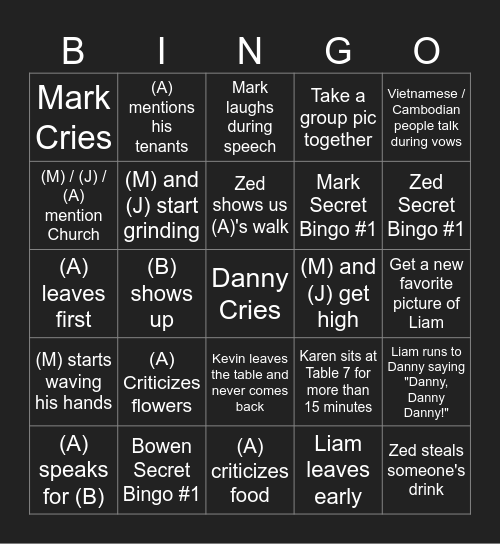 Liam and Danny's Wedding Bingo Card