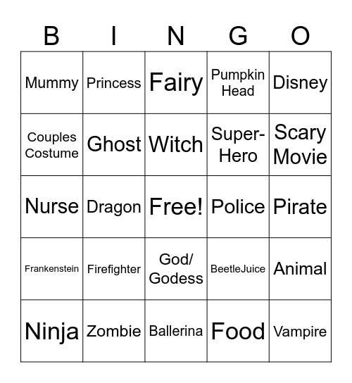 Halloween Costume BINGO Card